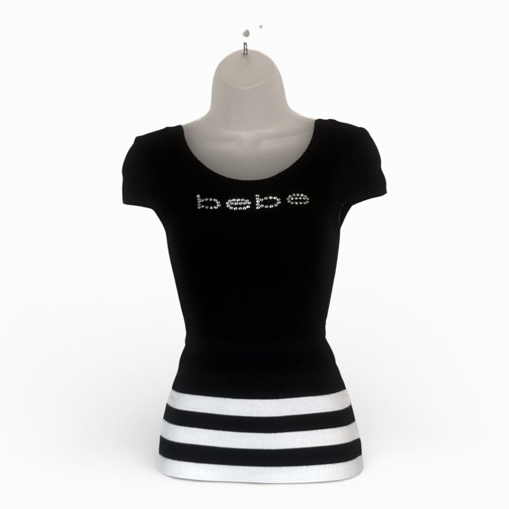 Bebe Swarovski Crystal logo Sweater Short Sleeve Top! Black/White, SMALL, EUC!